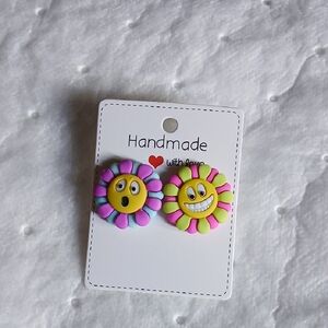 Smiley Flower Earrings in Pink & Yellow